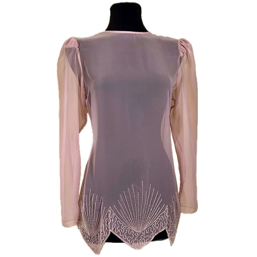 Vintage Sheer Beaded Embellished LS Blouse 70s/80s EUC